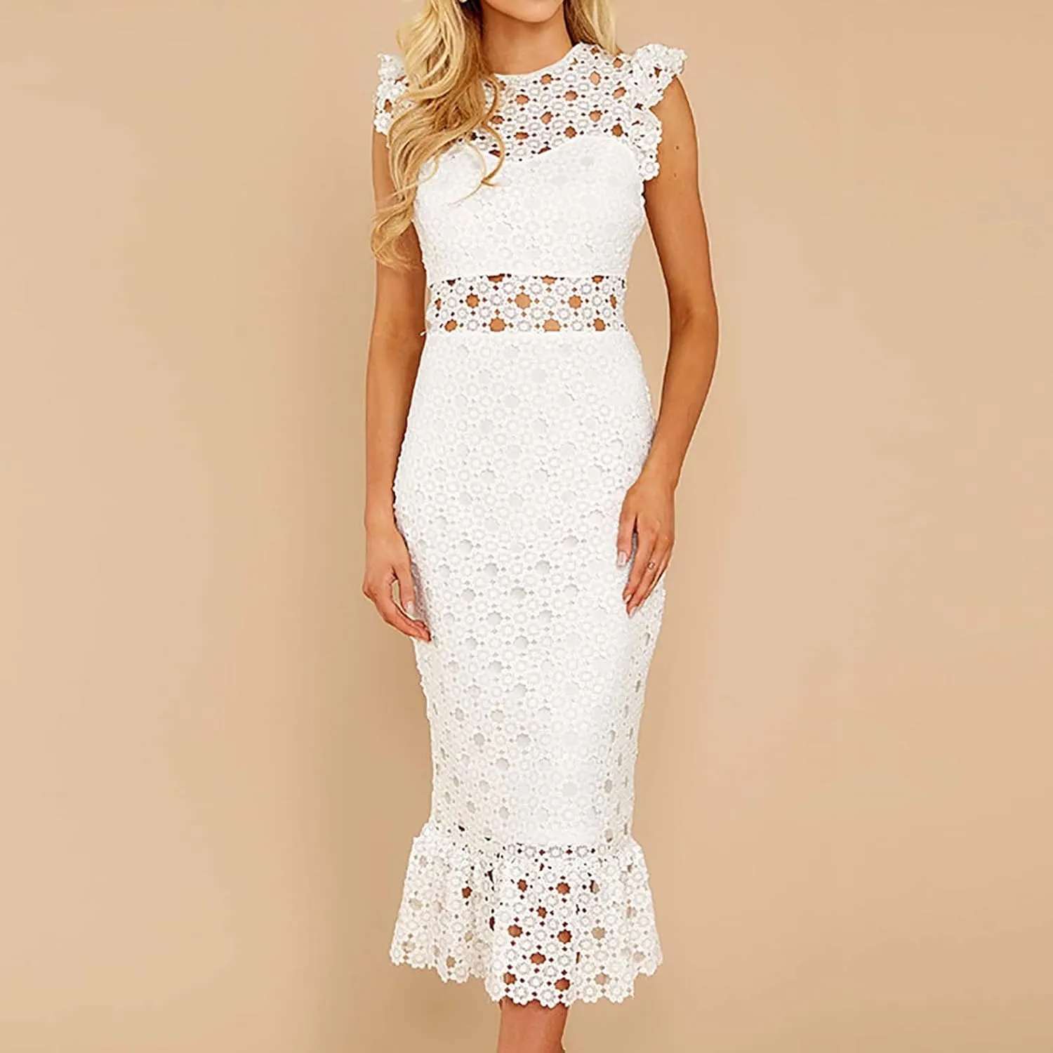 Women's Sleeveless Lace Tulle Floral Elegant Cocktail Dress Crew Neck Knee Length Ruffle Dresses Slim Hollow Out Party Dress
