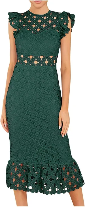 Women's Sleeveless Lace Tulle Floral Elegant Cocktail Dress Crew Neck Knee Length Ruffle Dresses Slim Hollow Out Party Dress