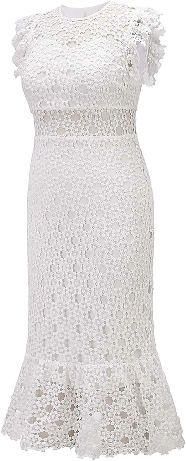 Women's Sleeveless Lace Tulle Floral Elegant Cocktail Dress Crew Neck Knee Length Ruffle Dresses Slim Hollow Out Party Dress