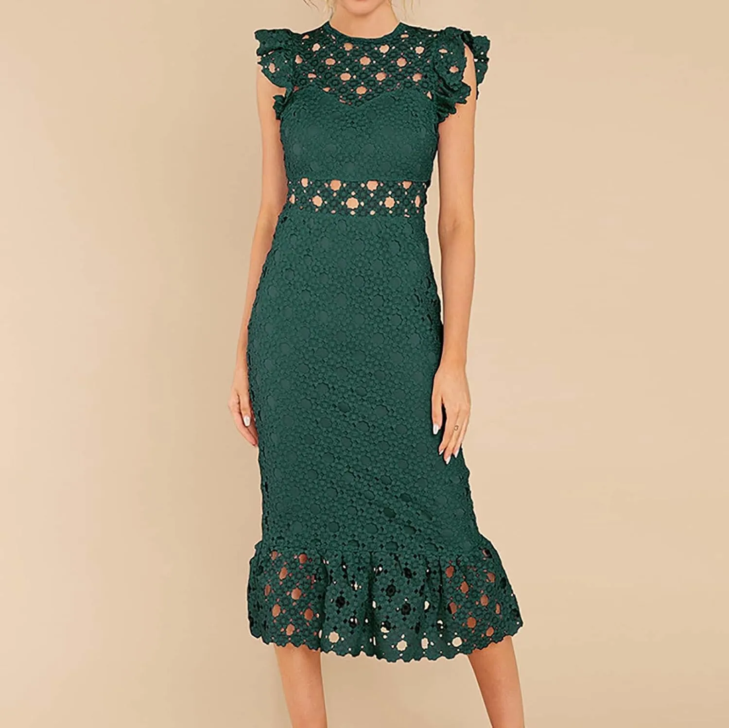 Women's Sleeveless Lace Tulle Floral Elegant Cocktail Dress Crew Neck Knee Length Ruffle Dresses Slim Hollow Out Party Dress