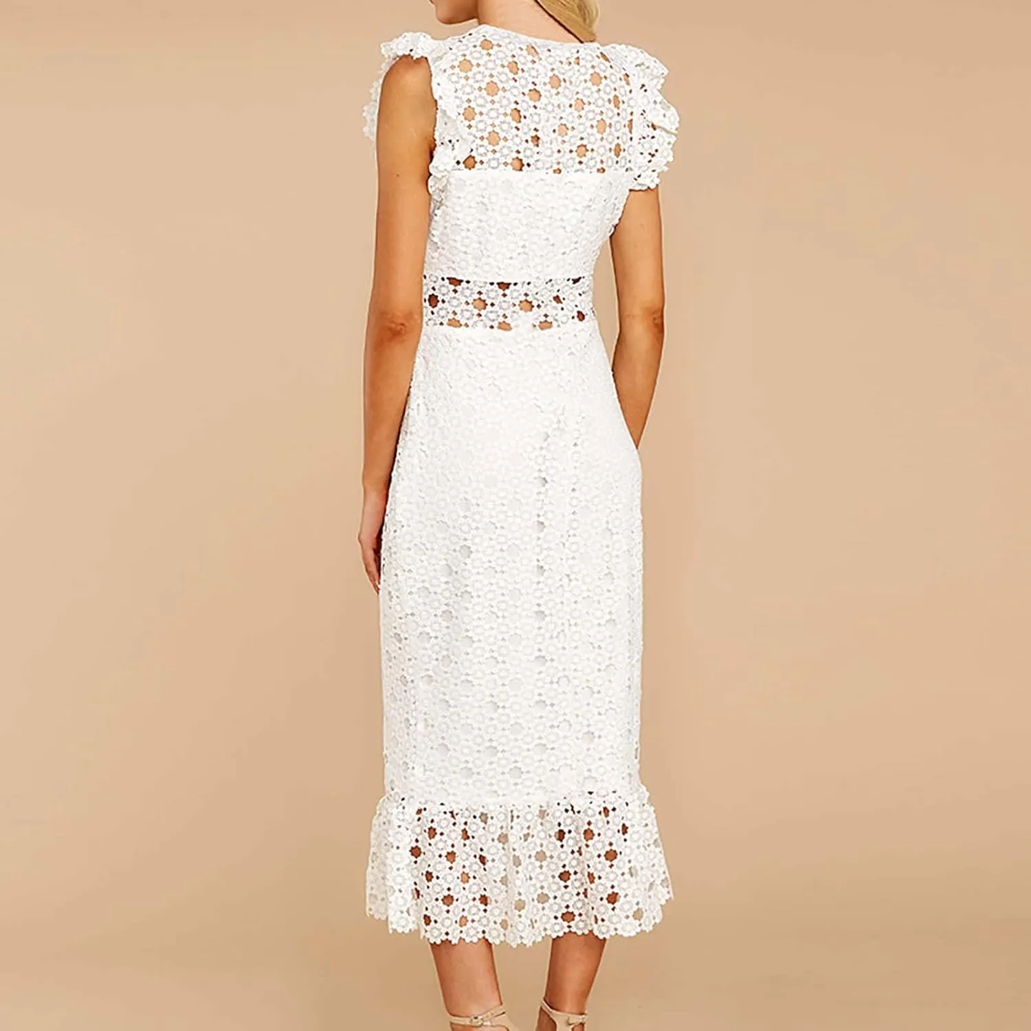Women's Sleeveless Lace Tulle Floral Elegant Cocktail Dress Crew Neck Knee Length Ruffle Dresses Slim Hollow Out Party Dress