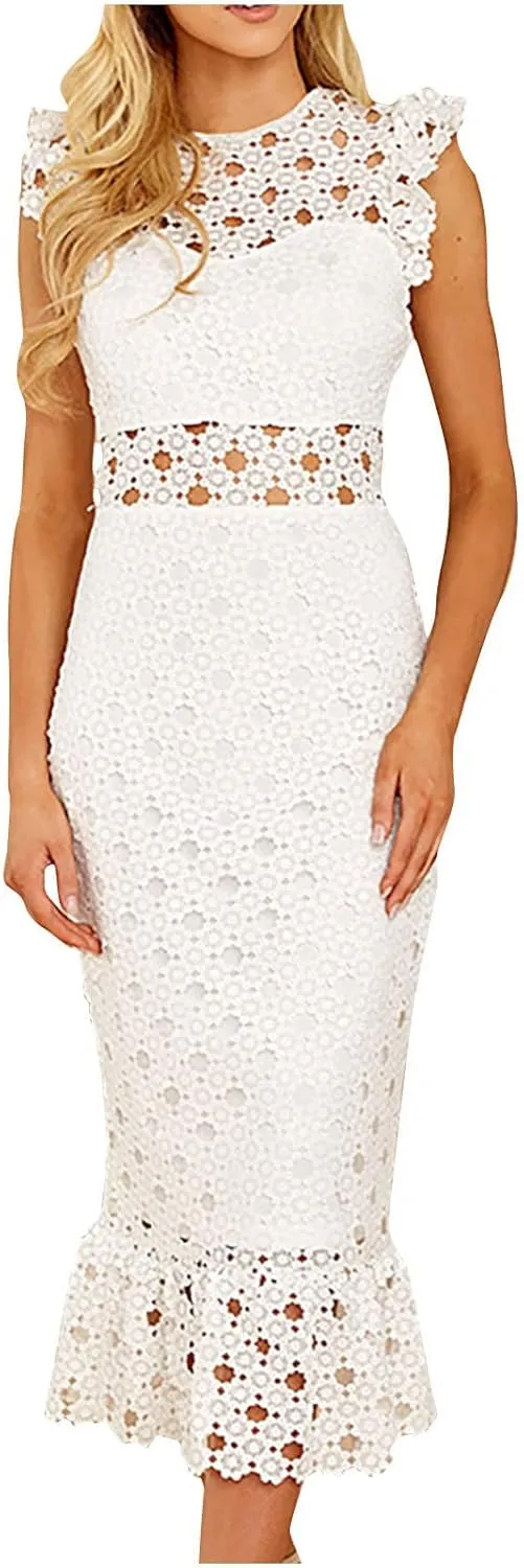 Women's Sleeveless Lace Tulle Floral Elegant Cocktail Dress Crew Neck Knee Length Ruffle Dresses Slim Hollow Out Party Dress