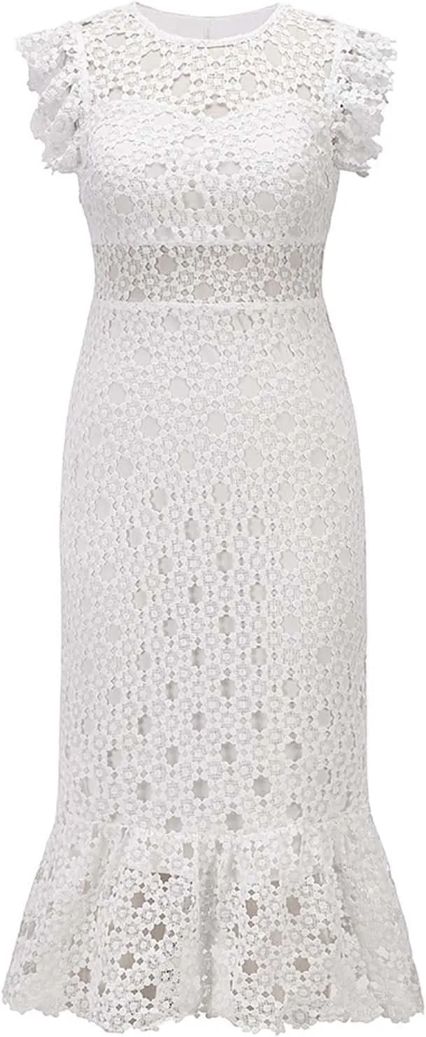 Women's Sleeveless Lace Tulle Floral Elegant Cocktail Dress Crew Neck Knee Length Ruffle Dresses Slim Hollow Out Party Dress
