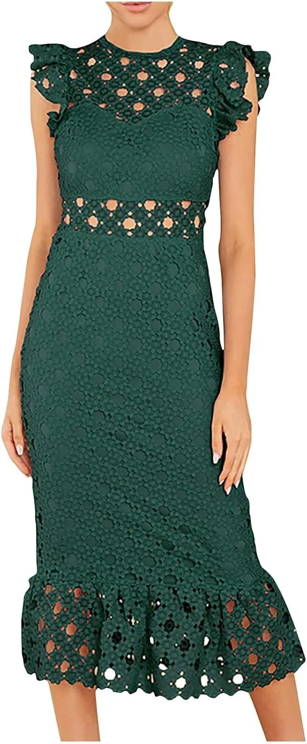 Women's Sleeveless Lace Tulle Floral Elegant Cocktail Dress Crew Neck Knee Length Ruffle Dresses Slim Hollow Out Party Dress