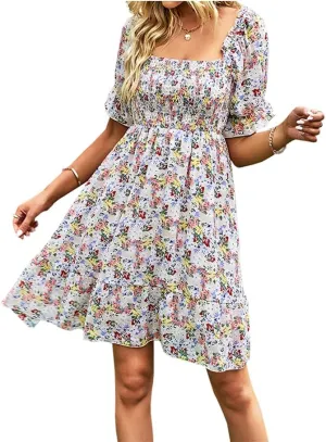 Womens Square Neck Short Puff Sleeve Casual Backless Dress Summer Floral Vacation Ruffle Mini Short Dresses