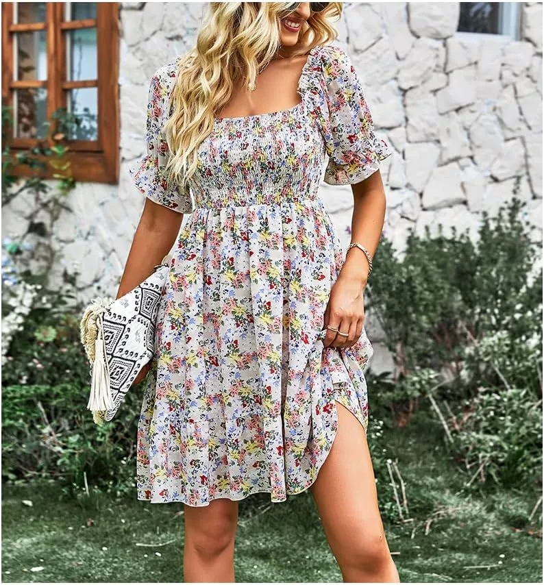 Womens Square Neck Short Puff Sleeve Casual Backless Dress Summer Floral Vacation Ruffle Mini Short Dresses