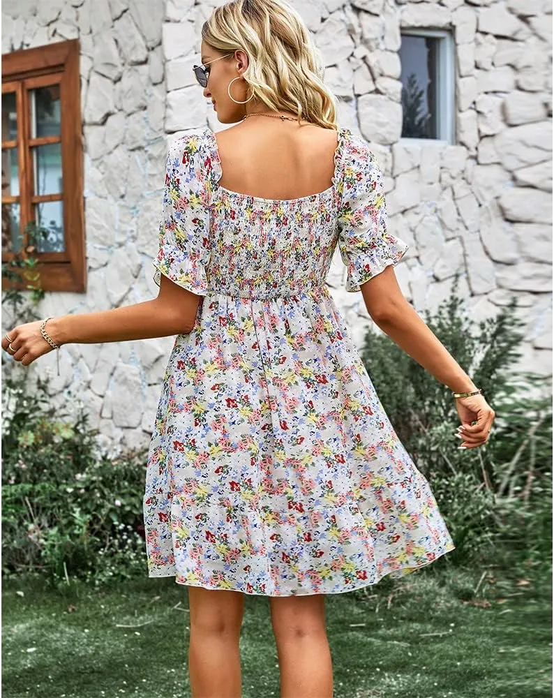 Womens Square Neck Short Puff Sleeve Casual Backless Dress Summer Floral Vacation Ruffle Mini Short Dresses