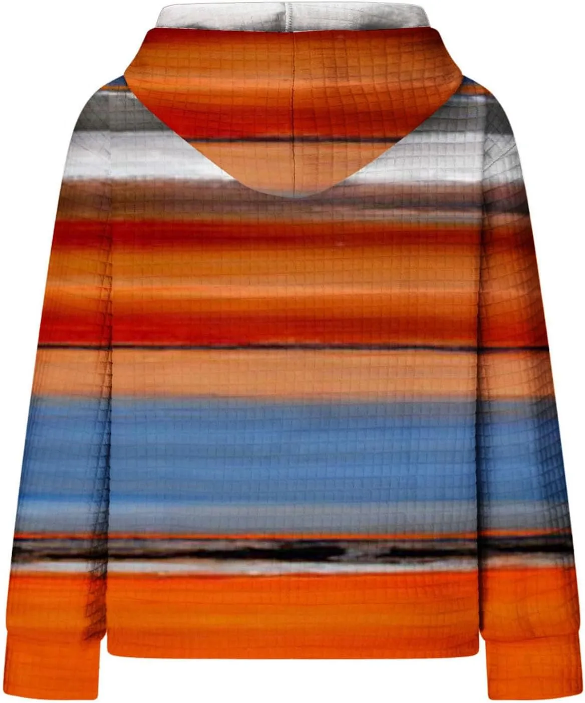 Women's Striped Oversized Hoodies Rainbow Waffle Knit Drawstring Pullover Sweatshirts Color Block Hooded Sweatshirt