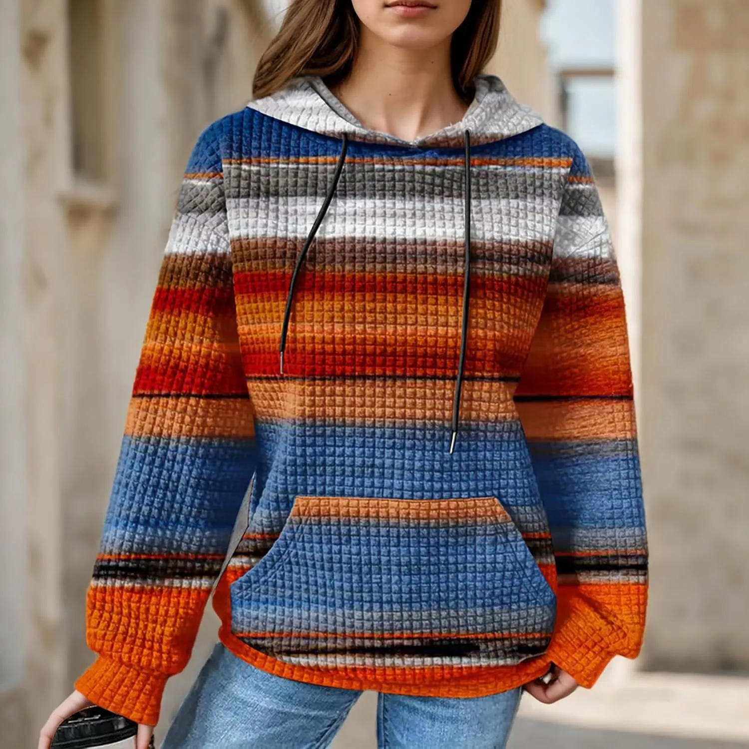 Women's Striped Oversized Hoodies Rainbow Waffle Knit Drawstring Pullover Sweatshirts Color Block Hooded Sweatshirt