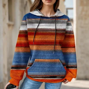 Women's Striped Oversized Hoodies Rainbow Waffle Knit Drawstring Pullover Sweatshirts Color Block Hooded Sweatshirt