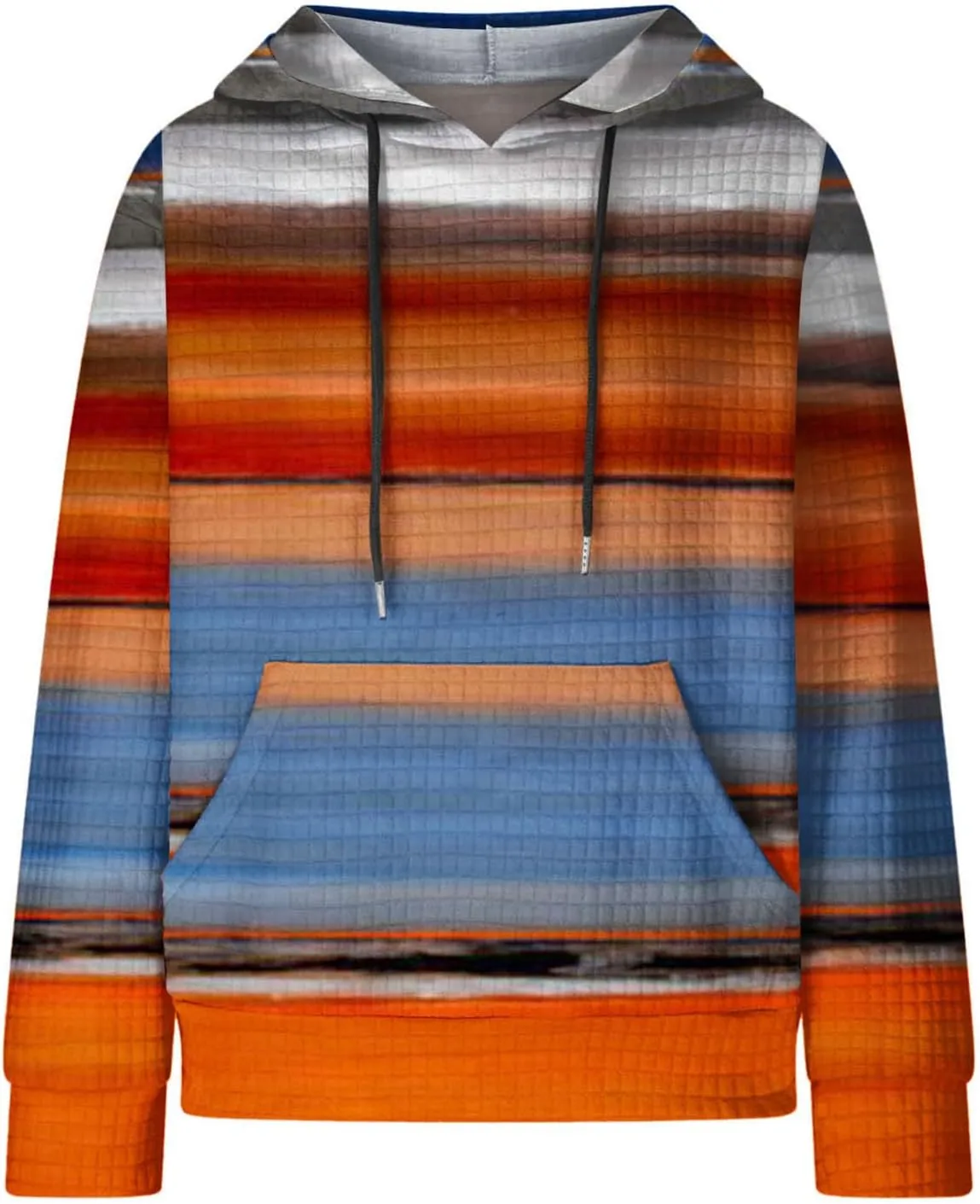 Women's Striped Oversized Hoodies Rainbow Waffle Knit Drawstring Pullover Sweatshirts Color Block Hooded Sweatshirt