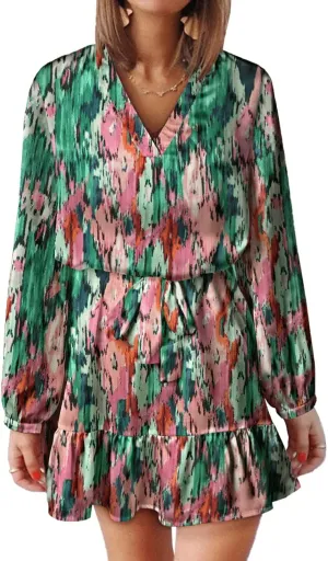 Women's Summer Bohemian Abstract Print Wrap V Neck Lantern Long Sleeve Waist Tie Ruffle Mini Swing Skater Sun Dress