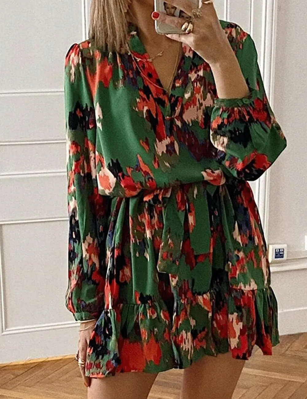 Women's Summer Bohemian Abstract Print Wrap V Neck Lantern Long Sleeve Waist Tie Ruffle Mini Swing Skater Sun Dress