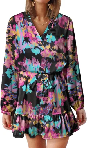 Women's Summer Bohemian Abstract Print Wrap V Neck Lantern Long Sleeve Waist Tie Ruffle Mini Swing Skater Sun Dress