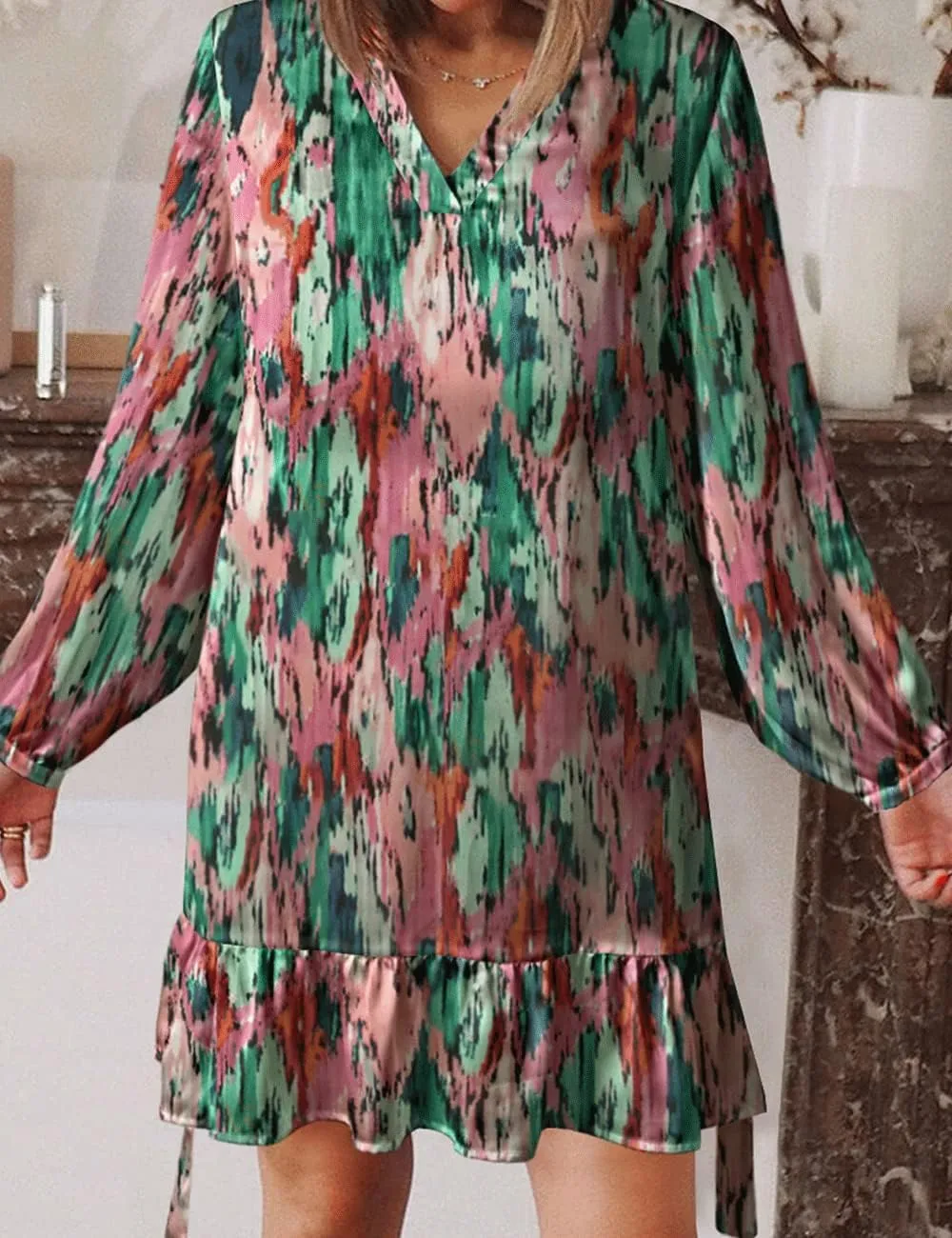 Women's Summer Bohemian Abstract Print Wrap V Neck Lantern Long Sleeve Waist Tie Ruffle Mini Swing Skater Sun Dress