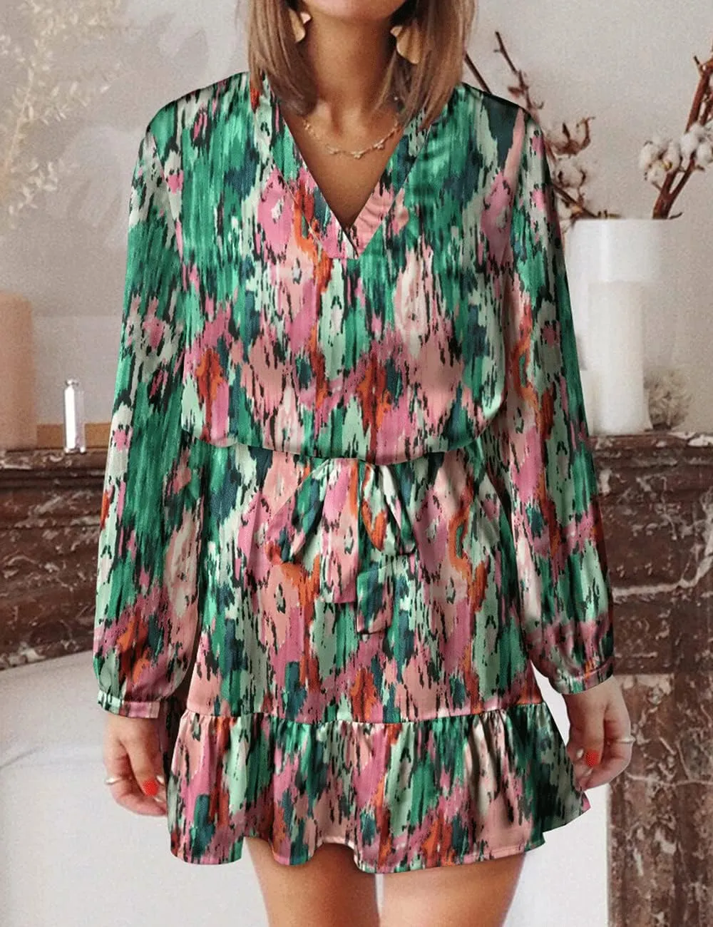Women's Summer Bohemian Abstract Print Wrap V Neck Lantern Long Sleeve Waist Tie Ruffle Mini Swing Skater Sun Dress