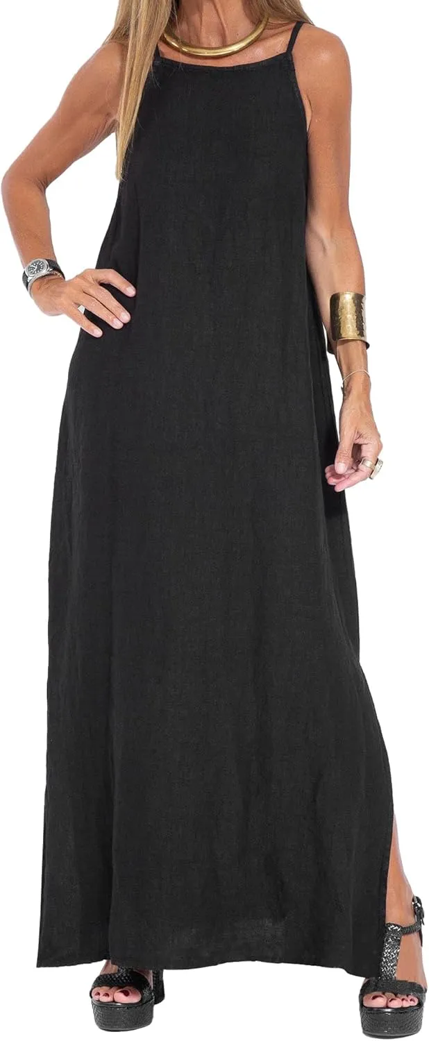 Women's Summer Dress Spaghetti Strap Loose Sleeveless Beach Sundress Split Flowy Maxi Long Dress
