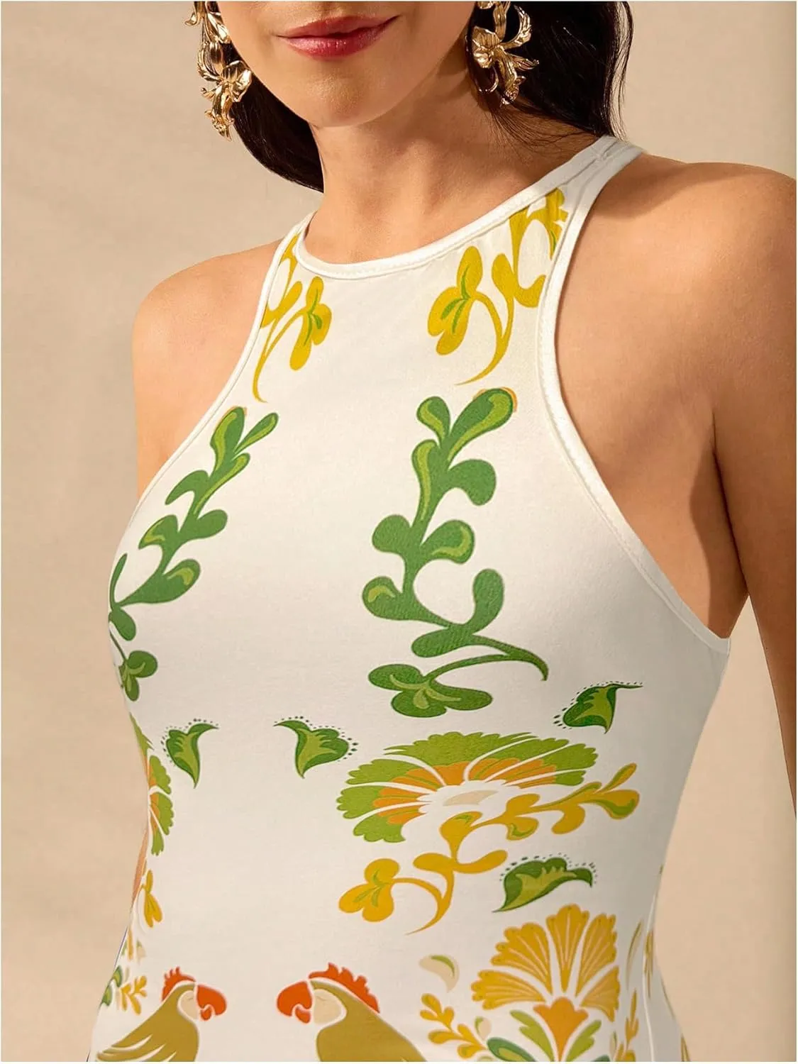 Women's Tropical Bodycon Tank Dress Elegant Summer Vacation Crewneck Split Thigh Long Maxi Dress Boho Sundress