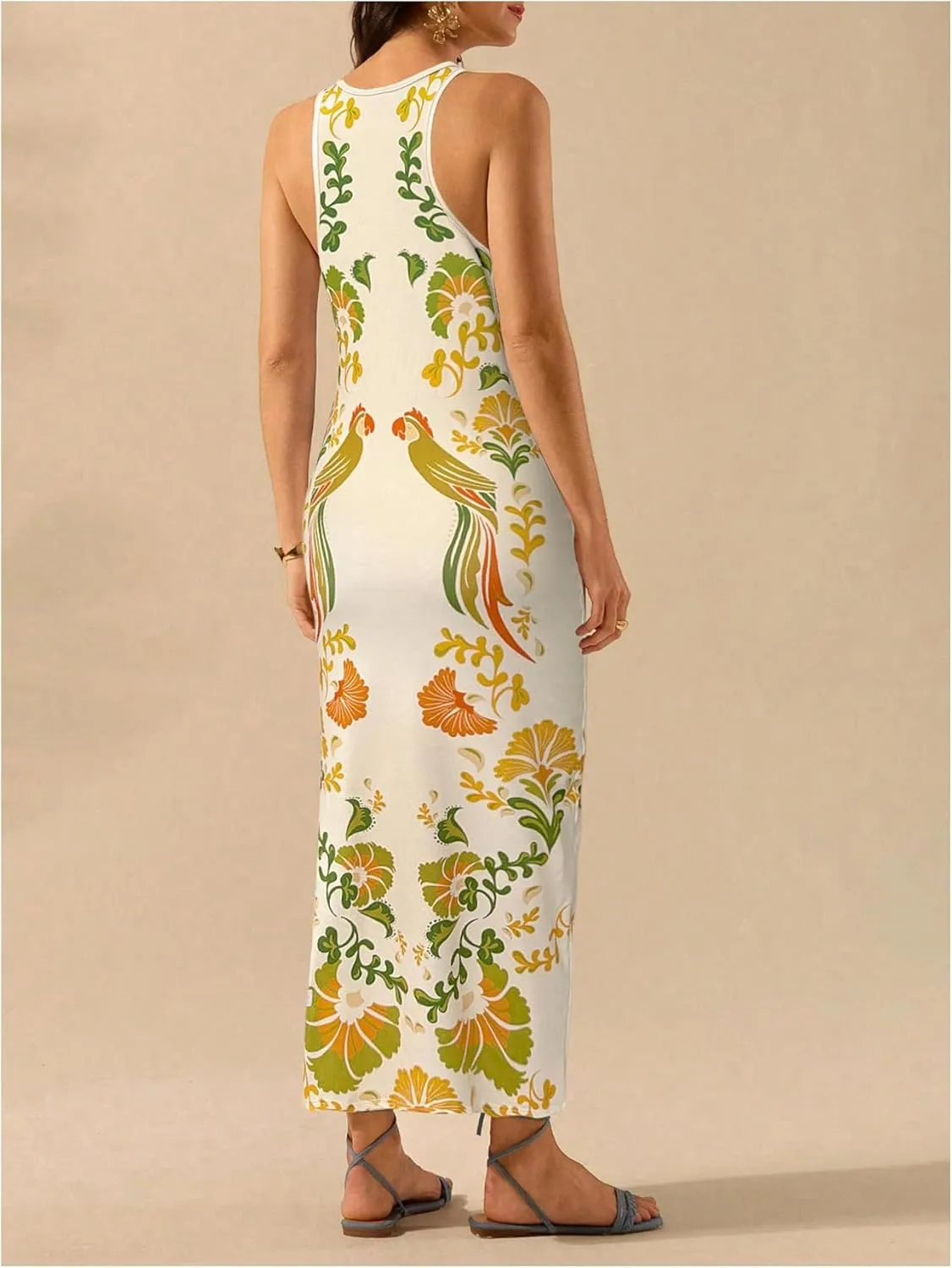 Women's Tropical Bodycon Tank Dress Elegant Summer Vacation Crewneck Split Thigh Long Maxi Dress Boho Sundress