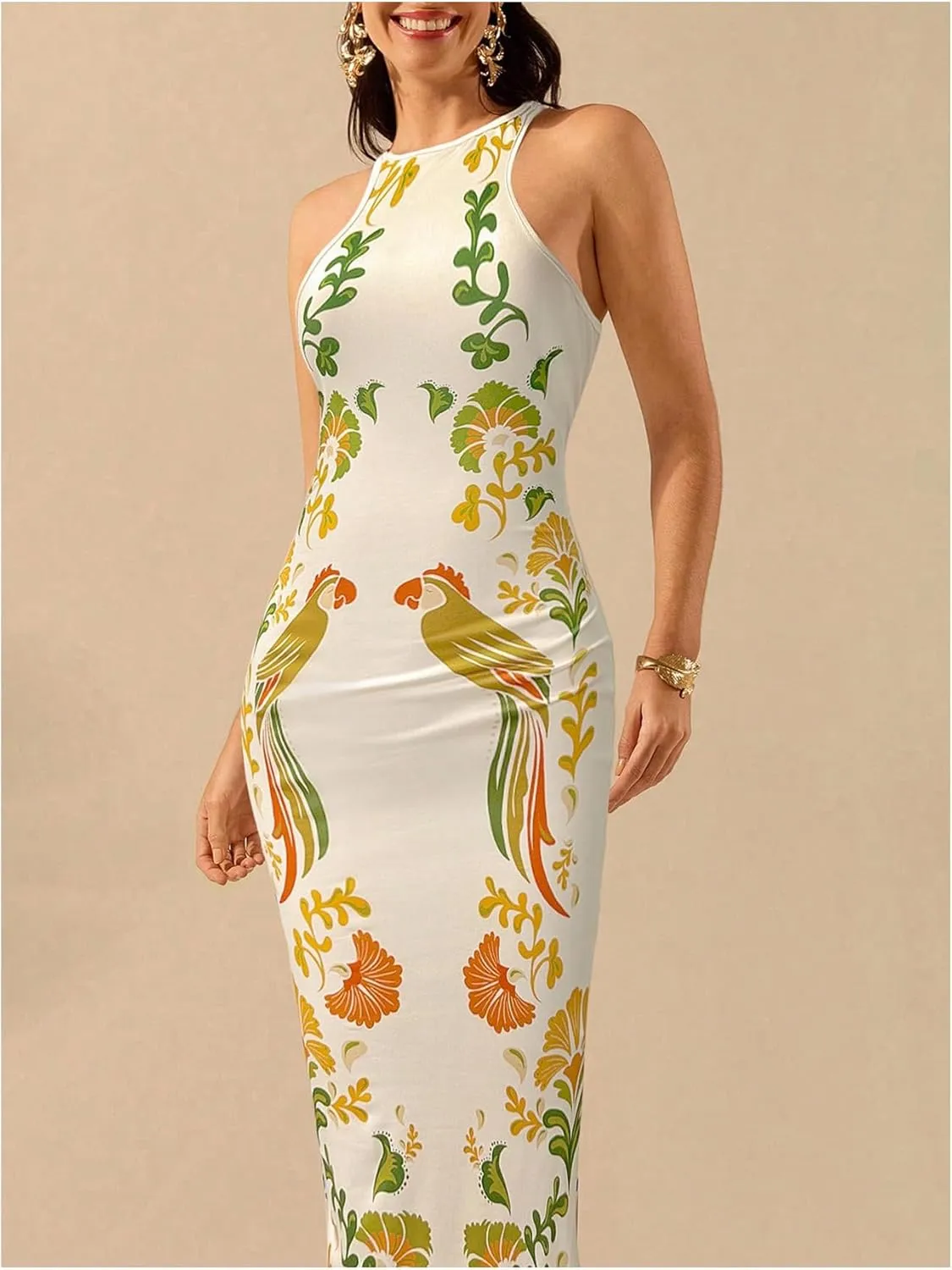 Women's Tropical Bodycon Tank Dress Elegant Summer Vacation Crewneck Split Thigh Long Maxi Dress Boho Sundress