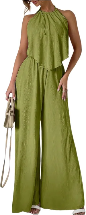 Women's Vocation Casual Two Piece Outfits Halter Tie Backless Tank Top and High Waist Wide Leg Pants Set