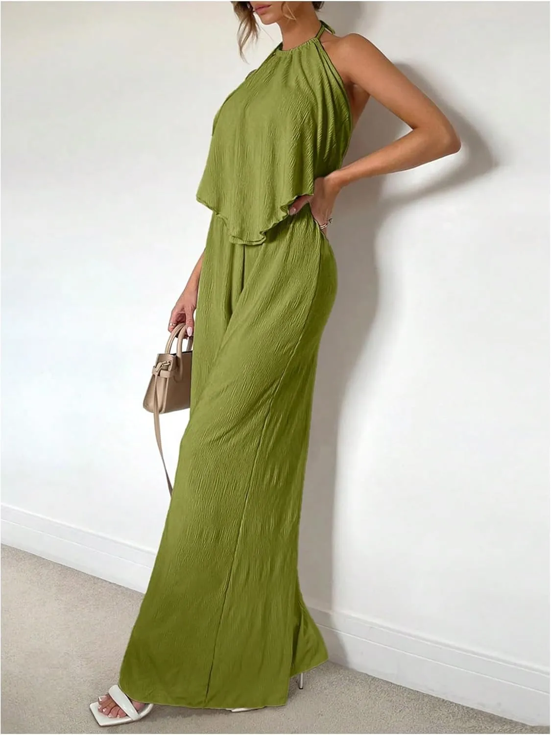 Women's Vocation Casual Two Piece Outfits Halter Tie Backless Tank Top and High Waist Wide Leg Pants Set