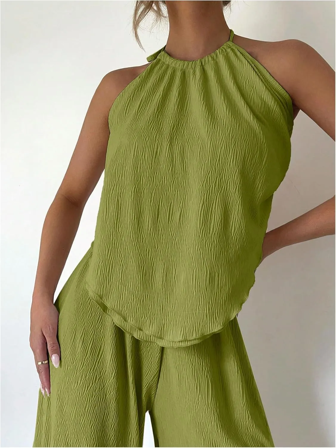 Women's Vocation Casual Two Piece Outfits Halter Tie Backless Tank Top and High Waist Wide Leg Pants Set