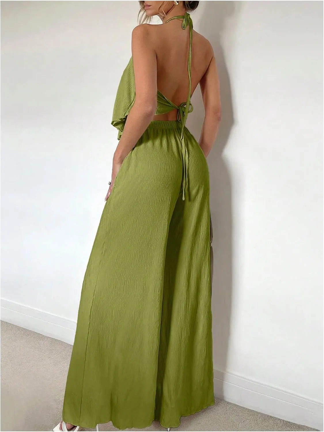 Women's Vocation Casual Two Piece Outfits Halter Tie Backless Tank Top and High Waist Wide Leg Pants Set