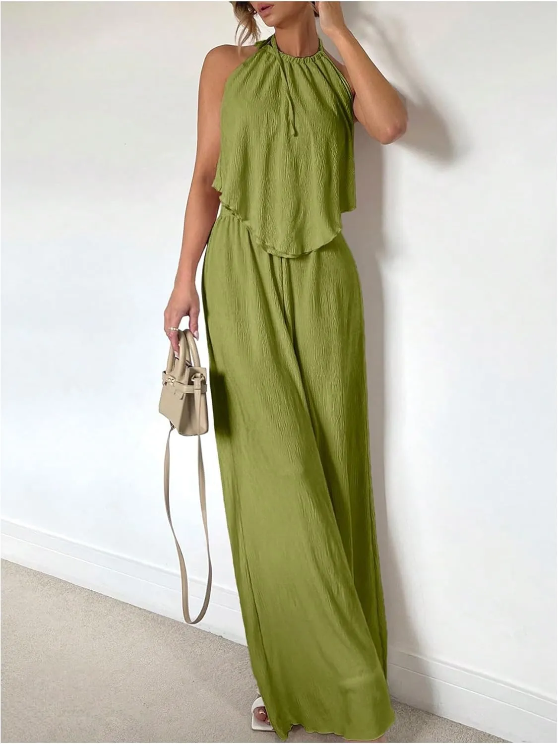 Women's Vocation Casual Two Piece Outfits Halter Tie Backless Tank Top and High Waist Wide Leg Pants Set