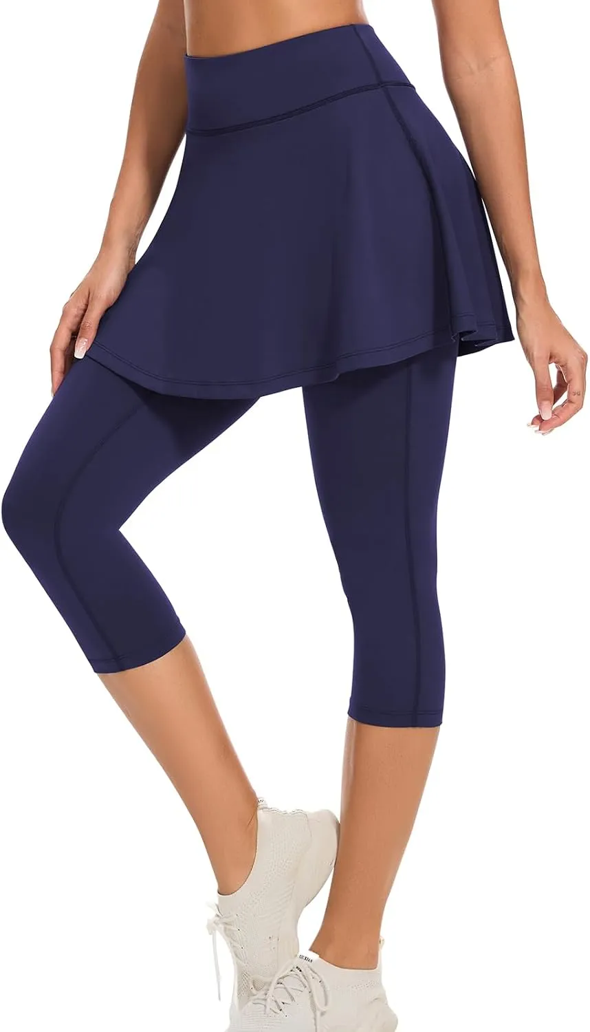 WOWENY Tennis Skirted Leggings with Pockets for Women Active Ruffle Pleated Golf Capris with Skort Pickleball Yoga Running
