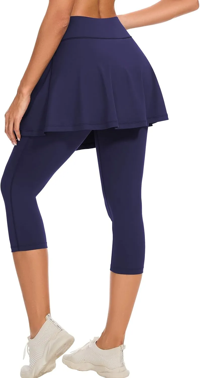 WOWENY Tennis Skirted Leggings with Pockets for Women Active Ruffle Pleated Golf Capris with Skort Pickleball Yoga Running
