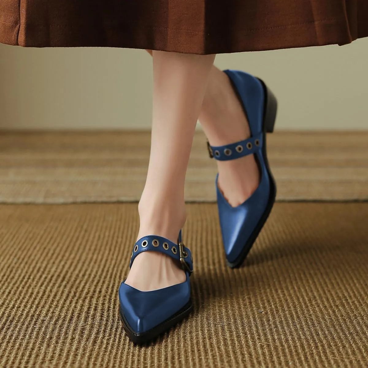 YDN Women Fashion Ankle Strap Pumps Pointed Closed Toe Mary Jane Chunky Mid Heels Loafers Hollow Buckle Shoes Party Shopping Evening Size 4-16 US