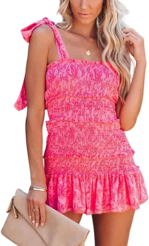 yoeasy Women Spaghetti Floral Print Tiered Tie Slim Fit Short Dresses Summer Sleeveless Ruffle Smocked Mini Dress