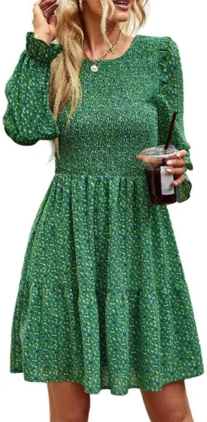 YOXUA Women's Casual Mini Dress, Long Sleeve Crewneck Ruffle Shoulder Floral Printed Pleated Babydoll Short Dress