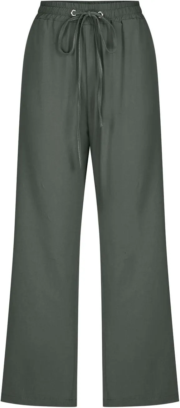 YRAETENM Capri Linen Pants for Women Summer Drawstring Elastic High Waist Lounge Pants Straight Wide Leg Cropped Trouser
