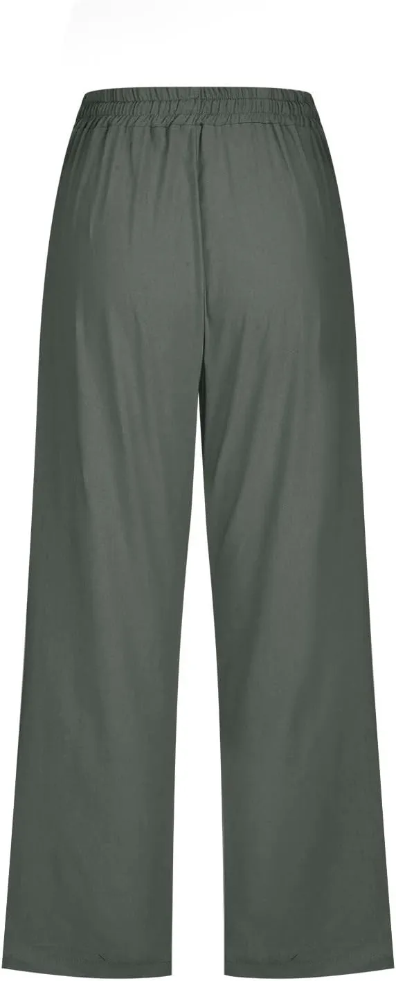 YRAETENM Capri Linen Pants for Women Summer Drawstring Elastic High Waist Lounge Pants Straight Wide Leg Cropped Trouser