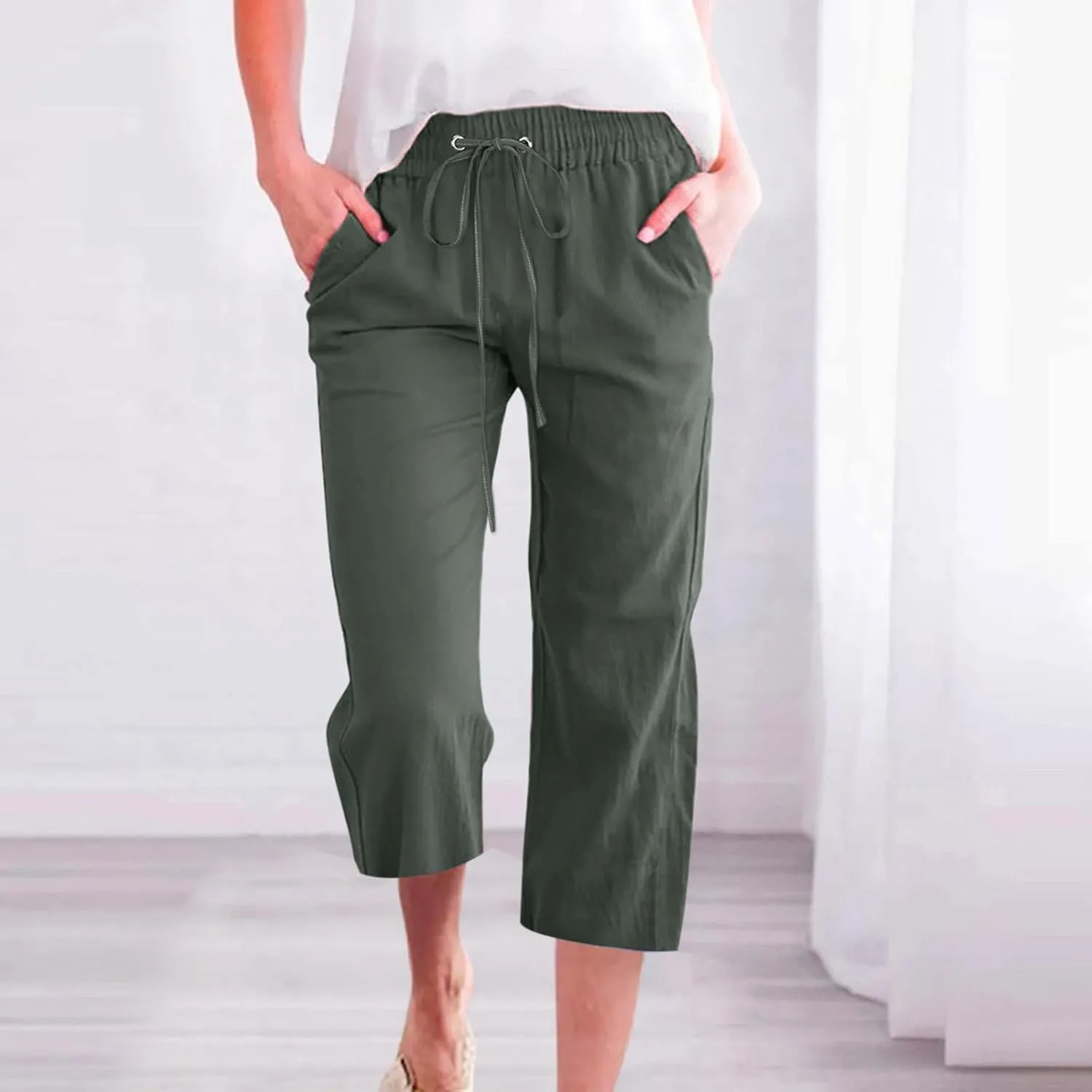 YRAETENM Capri Linen Pants for Women Summer Drawstring Elastic High Waist Lounge Pants Straight Wide Leg Cropped Trouser
