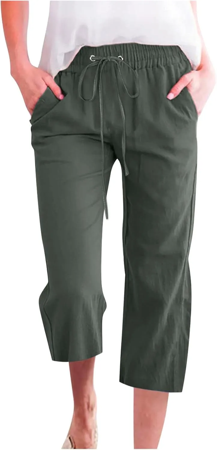YRAETENM Capri Linen Pants for Women Summer Drawstring Elastic High Waist Lounge Pants Straight Wide Leg Cropped Trouser