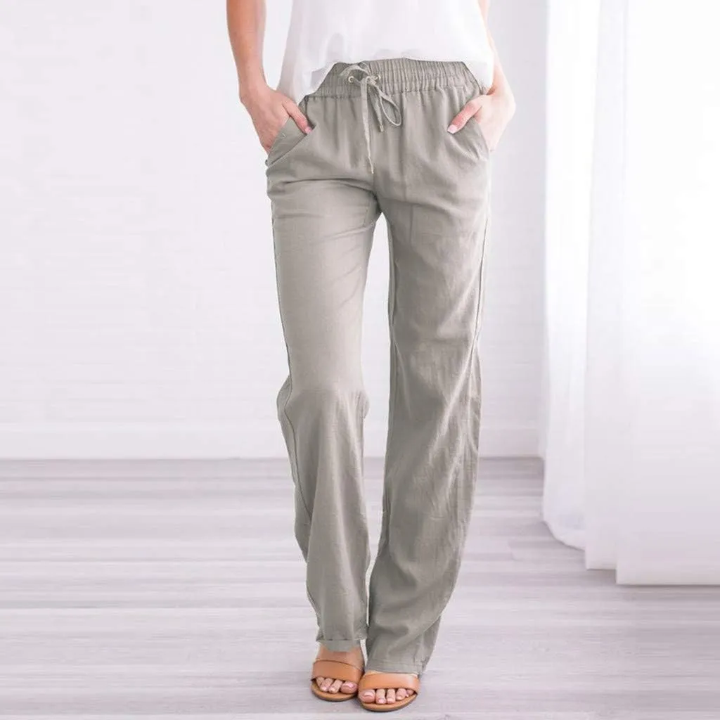 YRAETENM Linen Pants Women Summer Casual Comfy Cotton Linen Pants Drawstring Elastic Loose Fit Wide Leg Trousers with Pockets
