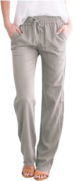 YRAETENM Linen Pants Women Summer Casual Comfy Cotton Linen Pants Drawstring Elastic Loose Fit Wide Leg Trousers with Pockets
