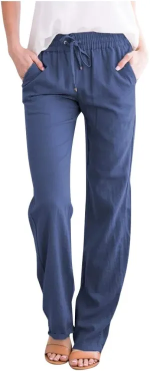 YRAETENM Linen Pants Women Summer Casual Comfy Cotton Linen Pants Drawstring Elastic Loose Fit Wide Leg Trousers with Pockets