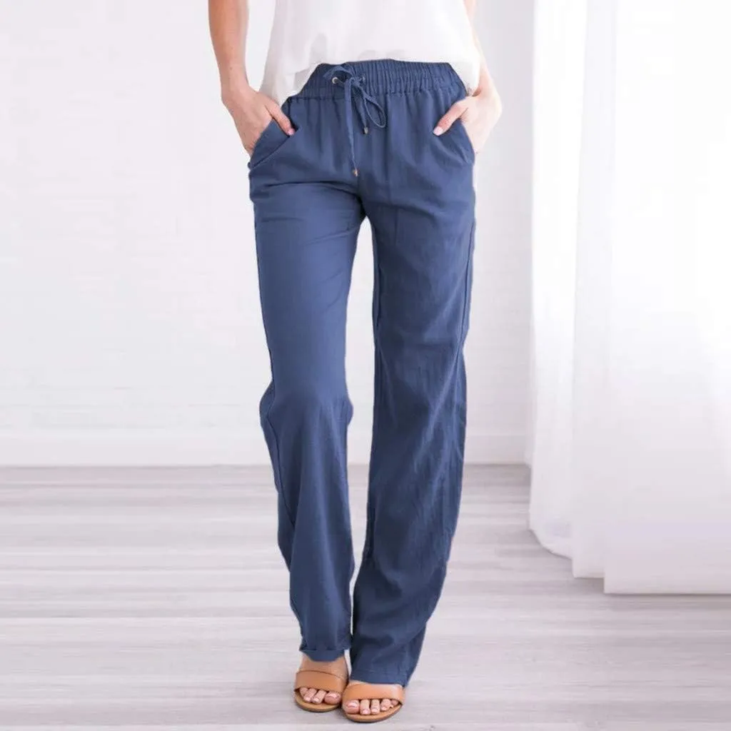 YRAETENM Linen Pants Women Summer Casual Comfy Cotton Linen Pants Drawstring Elastic Loose Fit Wide Leg Trousers with Pockets