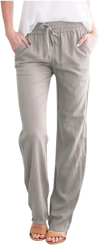 YRAETENM Linen Pants Women Summer Casual Comfy Cotton Linen Pants Drawstring Elastic Loose Fit Wide Leg Trousers with Pockets
