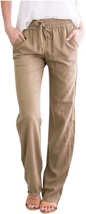 YRAETENM Linen Pants Women Summer Casual Comfy Cotton Linen Pants Drawstring Elastic Loose Fit Wide Leg Trousers with Pockets