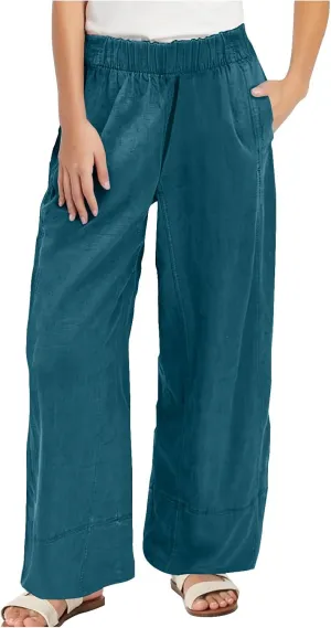 YRAETENM Women Cotton Linen Pants Casual Wide Leg Elastic Waisted Lounge Beach Trousers Travel Vacation Outfits with Pockets