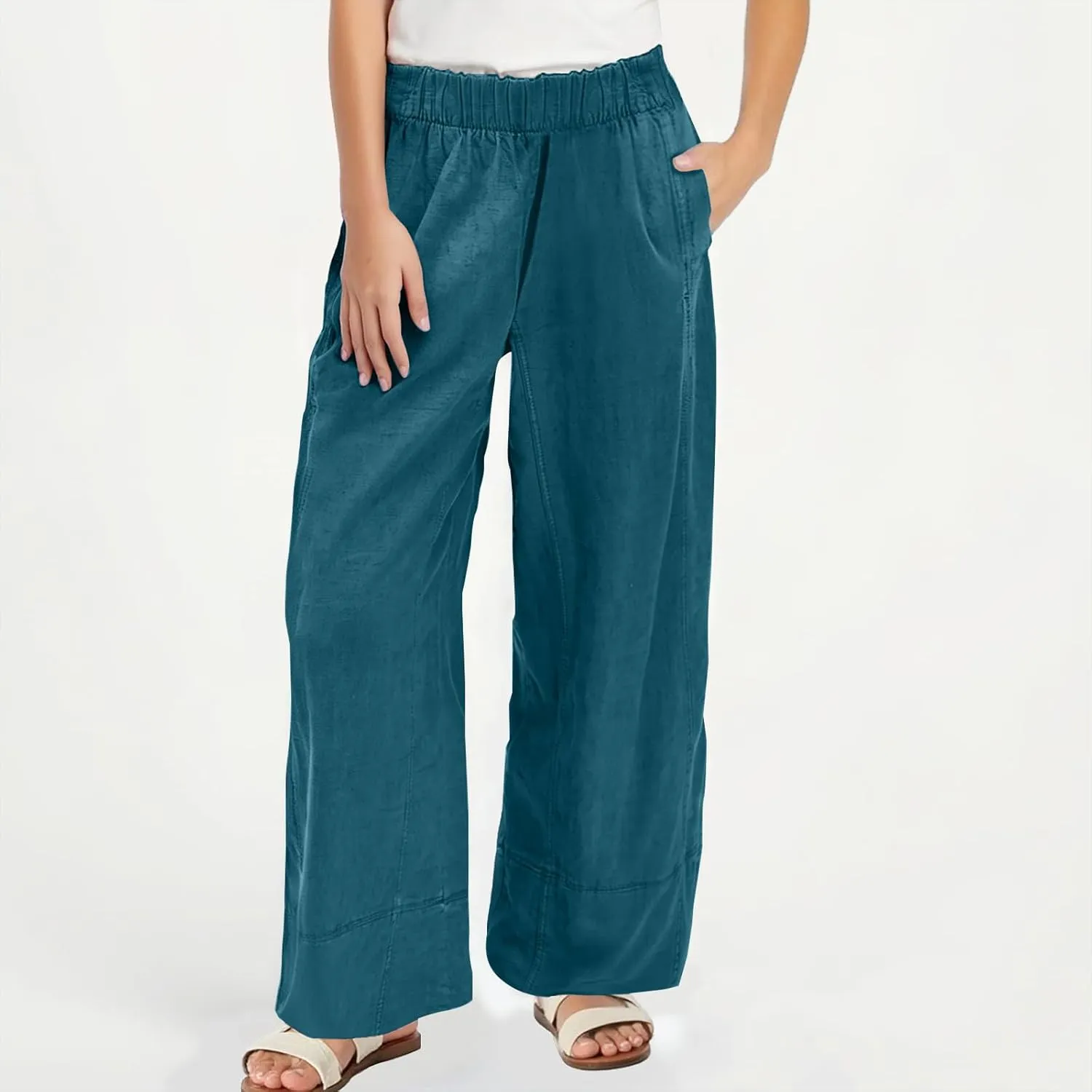 YRAETENM Women Cotton Linen Pants Casual Wide Leg Elastic Waisted Lounge Beach Trousers Travel Vacation Outfits with Pockets