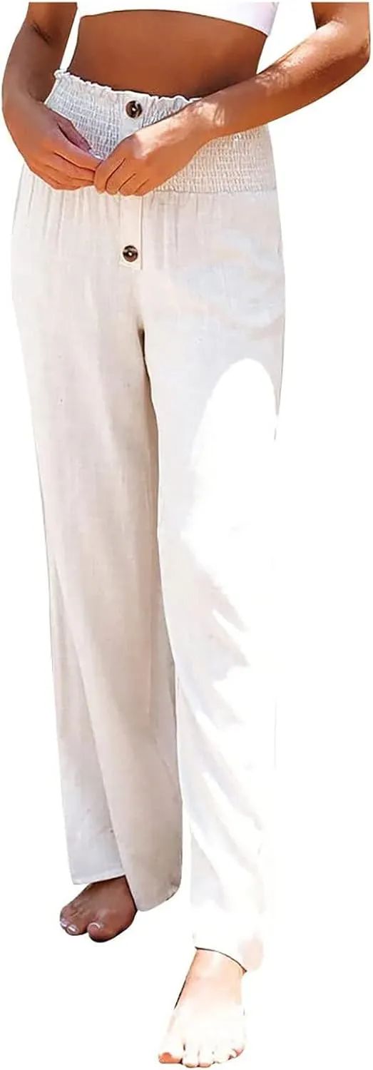 YRAETENM Women Linen Palazzo Pants Summer High Elastic Waisted Wide Leg Pants Casual Lounge Pants Beach Vacation Trousers