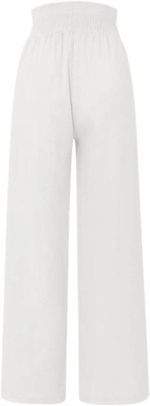 YRAETENM Women Linen Palazzo Pants Summer High Elastic Waisted Wide Leg Pants Casual Lounge Pants Beach Vacation Trousers