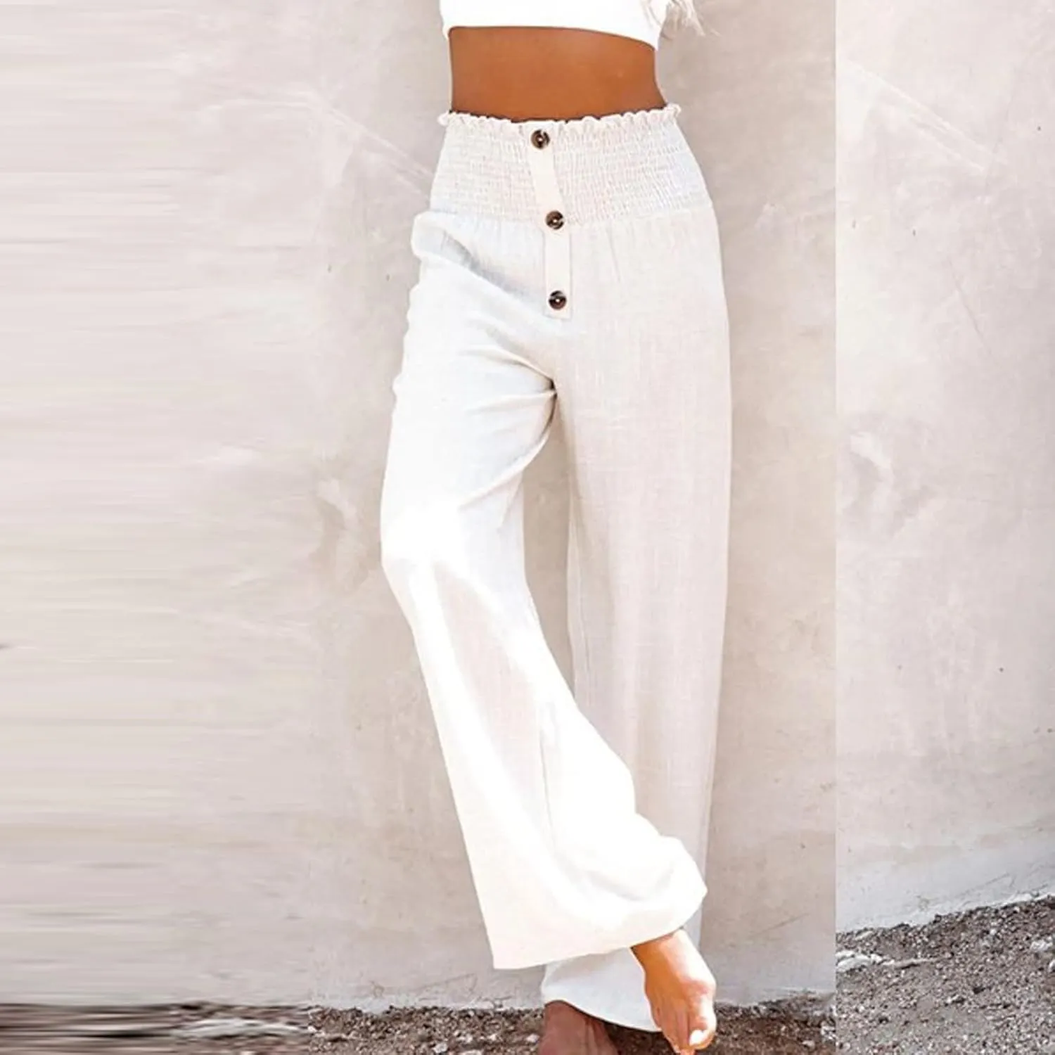 YRAETENM Women Linen Palazzo Pants Summer High Elastic Waisted Wide Leg Pants Casual Lounge Pants Beach Vacation Trousers