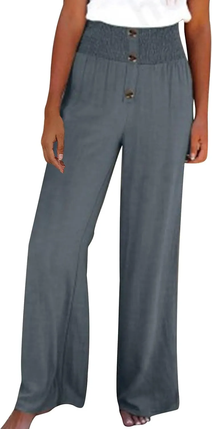 YRAETENM Women Linen Palazzo Pants Summer High Elastic Waisted Wide Leg Pants Casual Lounge Pants Beach Vacation Trousers
